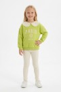 Kız Çocuk Fıstık Yeşili Paris Baskılı Dantel Yakalı Sweatshirt Fitilli Tayt Takımı 
