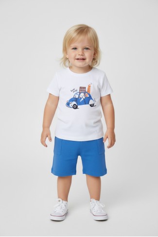 Bebek Sevimli Araba ve Köpek Desenli Kısa Kollu Tişört Ve Şortlu Yazlık Takım 