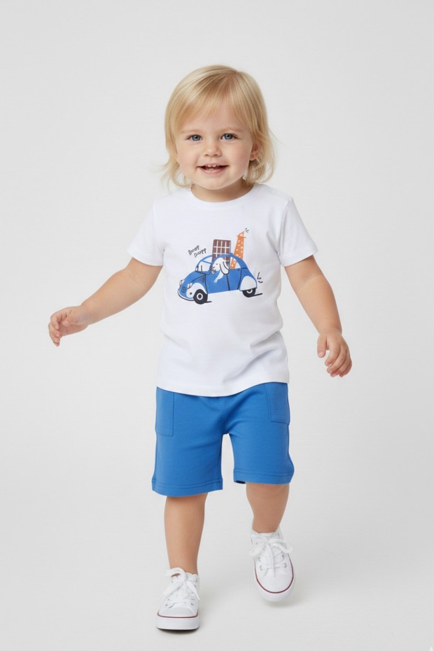 Bebek Sevimli Araba ve Köpek Desenli Kısa Kollu Tişört Ve Şortlu Yazlık Takım 