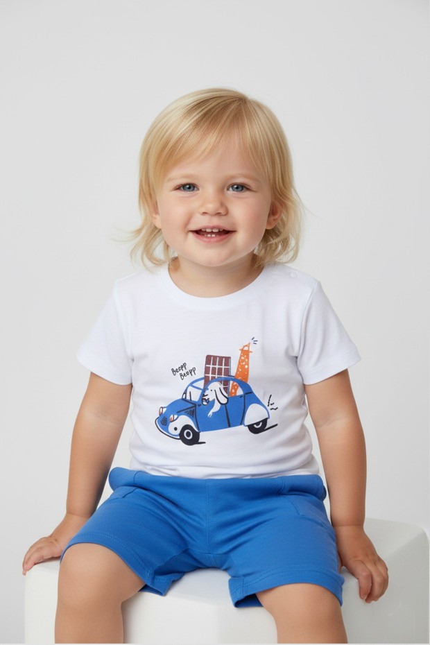 Bebek Sevimli Araba ve Köpek Desenli Kısa Kollu Tişört Ve Şortlu Yazlık Takım 