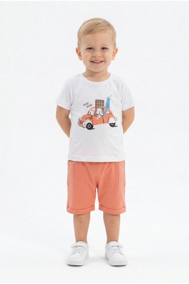 Bebek Sevimli Araba ve Köpek Desenli Kısa Kollu Tişört Ve Şortlu Yazlık Takım