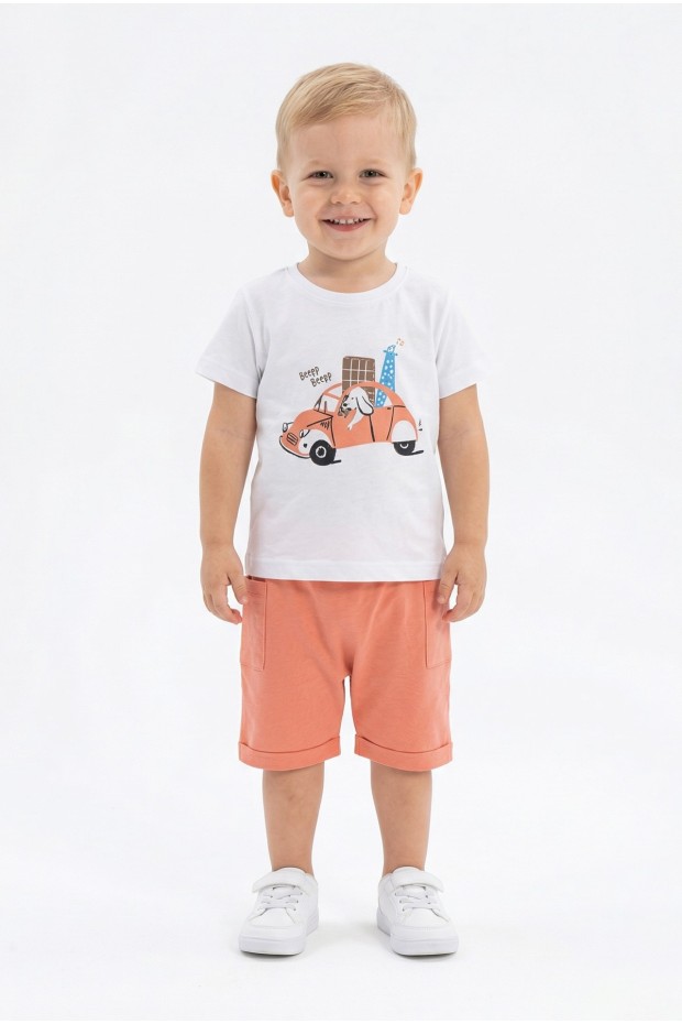 Bebek Sevimli Araba ve Köpek Desenli Kısa Kollu Tişört Ve Şortlu Yazlık Takım