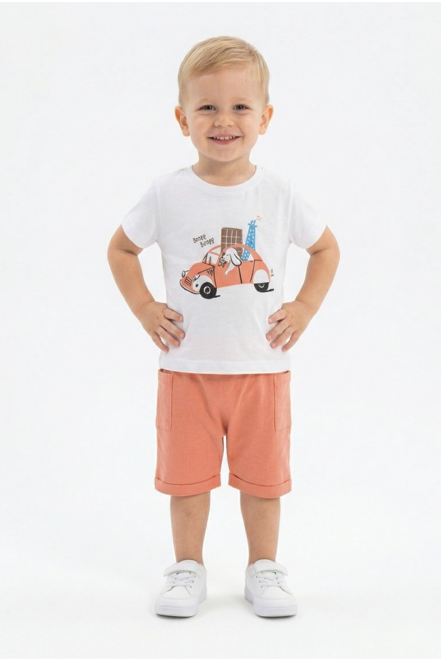 Bebek Sevimli Araba ve Köpek Desenli Kısa Kollu Tişört Ve Şortlu Yazlık Takım