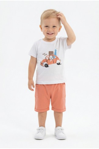 Bebek Sevimli Araba ve Köpek Desenli Kısa Kollu Tişört Ve Şortlu Yazlık Takım