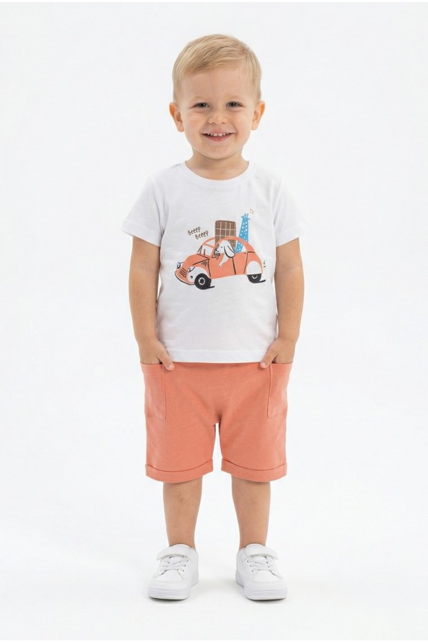Bebek Sevimli Araba ve Köpek Desenli Kısa Kollu Tişört Ve Şortlu Yazlık Takım
