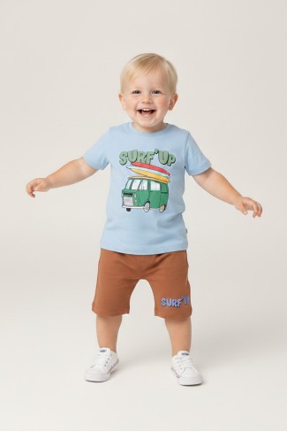 Bebek Surf Temalı Araba Baskılı Kısa Kollu Tişört Ve Şortlu Yazlık Takım
