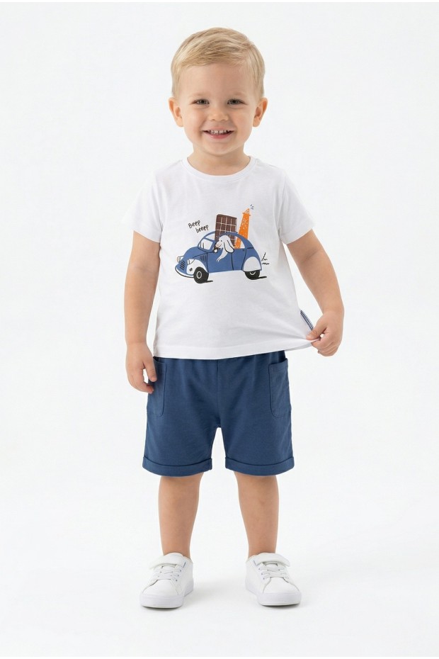 Bebek Sevimli Araba ve Köpek Desenli Kısa Kollu Tişört Ve Şortlu Yazlık Takım 