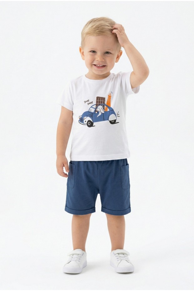 Bebek Sevimli Araba ve Köpek Desenli Kısa Kollu Tişört Ve Şortlu Yazlık Takım 