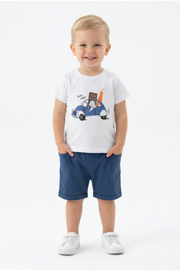 Bebek Sevimli Araba ve Köpek Desenli Kısa Kollu Tişört Ve Şortlu Yazlık Takım 