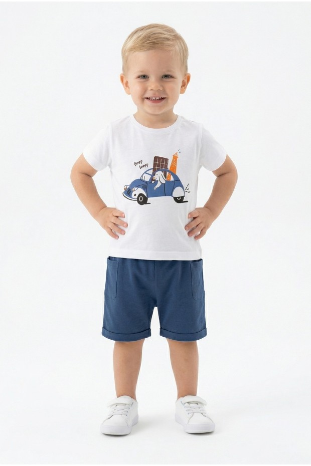 Bebek Sevimli Araba ve Köpek Desenli Kısa Kollu Tişört Ve Şortlu Yazlık Takım 