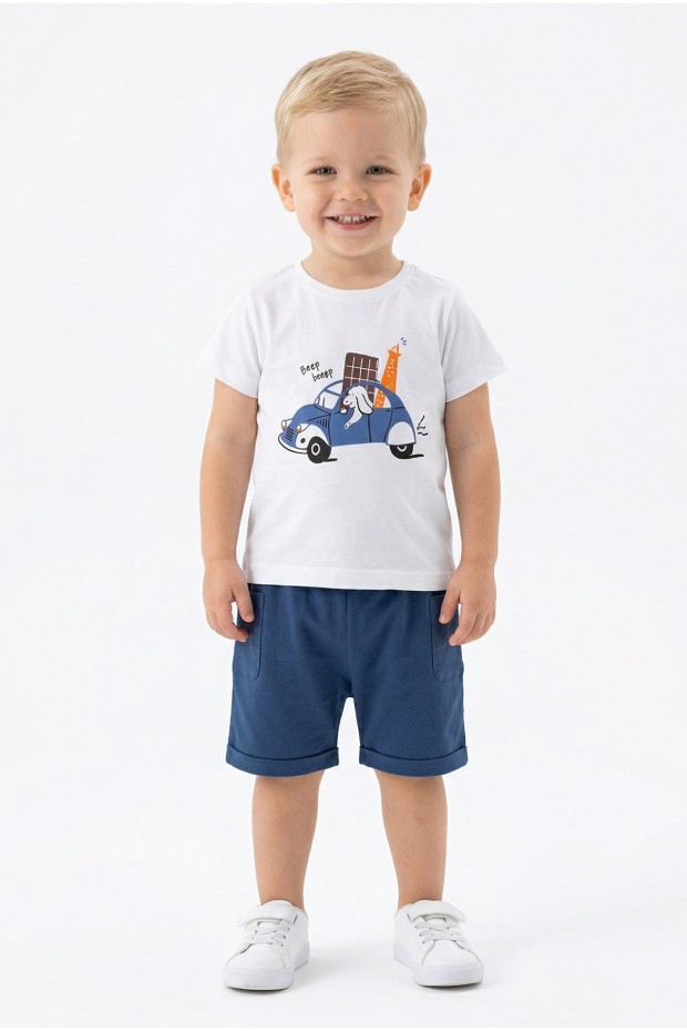 Bebek Sevimli Araba ve Köpek Desenli Kısa Kollu Tişört Ve Şortlu Yazlık Takım 