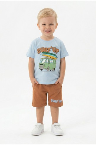 Bebek Surf Temalı Araba Baskılı Kısa Kollu Tişört Ve Şortlu Yazlık Takım