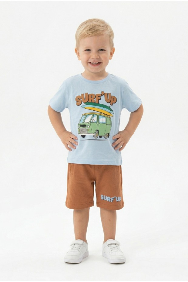 Bebek Surf Temalı Araba Baskılı Kısa Kollu Tişört Ve Şortlu Yazlık Takım