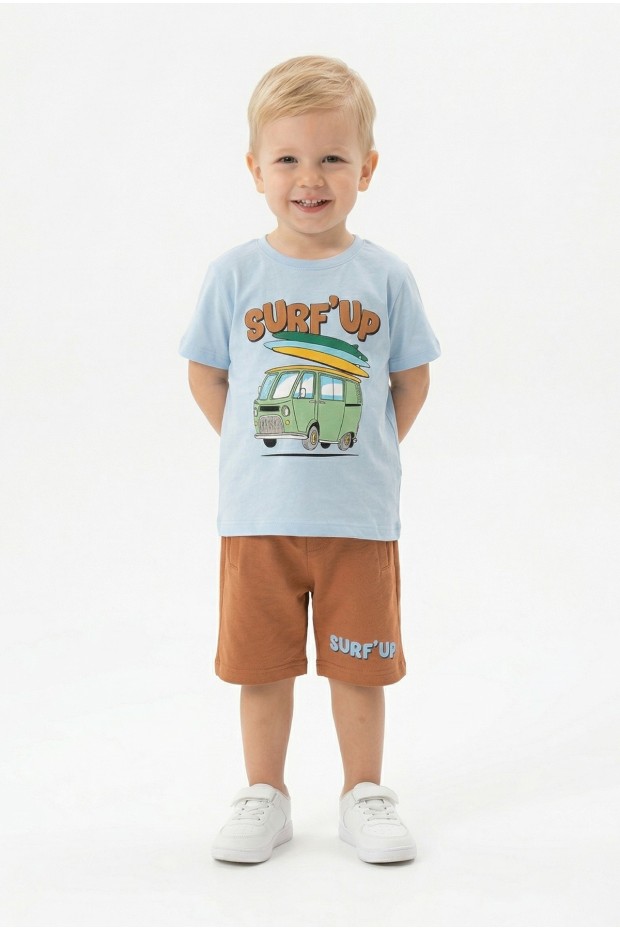 Bebek Surf Temalı Araba Baskılı Kısa Kollu Tişört Ve Şortlu Yazlık Takım