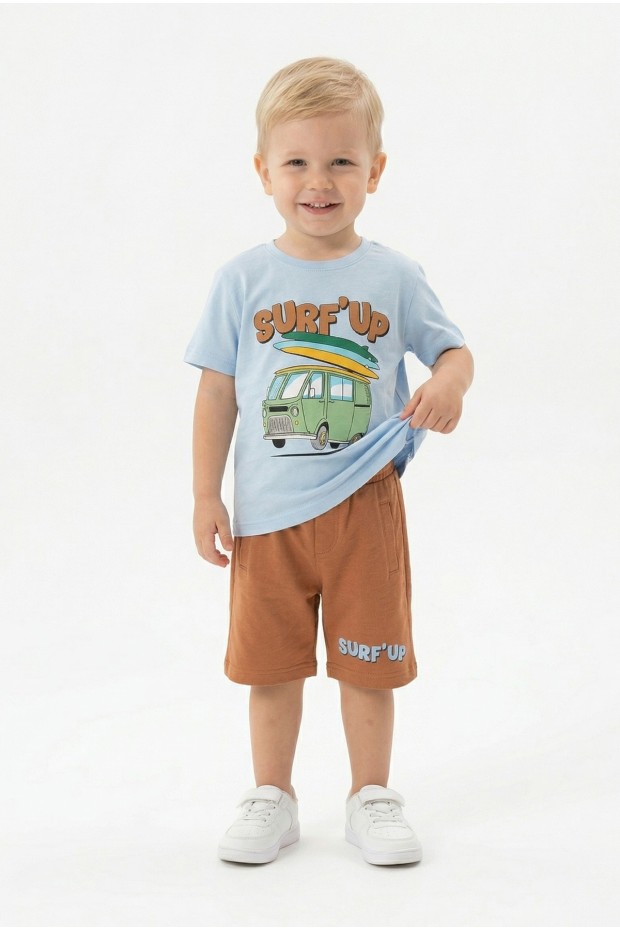 Bebek Surf Temalı Araba Baskılı Kısa Kollu Tişört Ve Şortlu Yazlık Takım