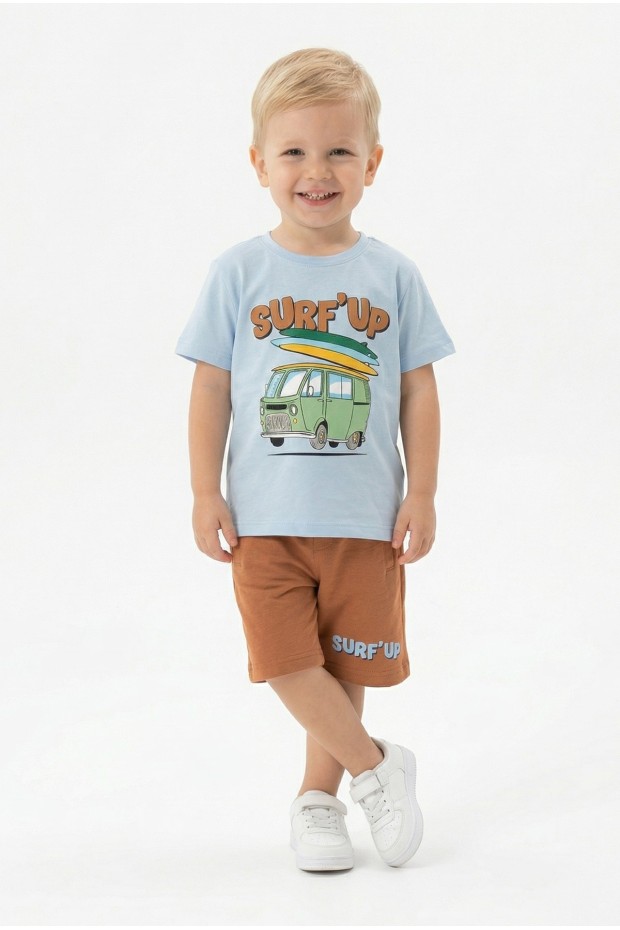 Bebek Surf Temalı Araba Baskılı Kısa Kollu Tişört Ve Şortlu Yazlık Takım