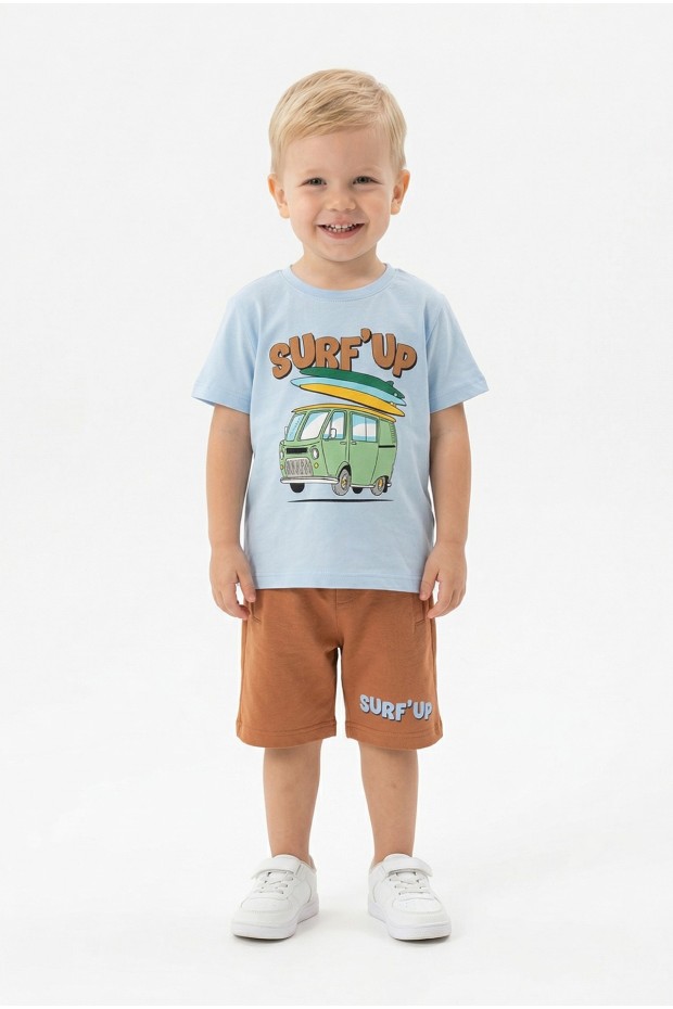 Bebek Surf Temalı Araba Baskılı Kısa Kollu Tişört Ve Şortlu Yazlık Takım