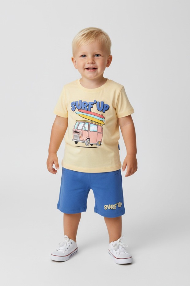 Bebek Surf Temalı Araba Baskılı Kısa Kollu Tişört Ve Şortlu Yazlık Takım 