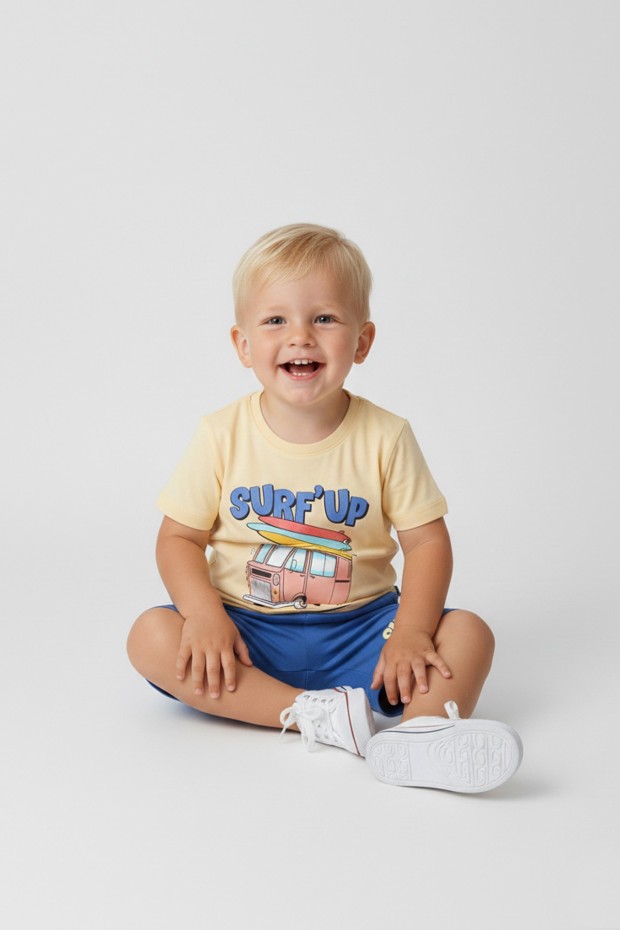 Bebek Surf Temalı Araba Baskılı Kısa Kollu Tişört Ve Şortlu Yazlık Takım 