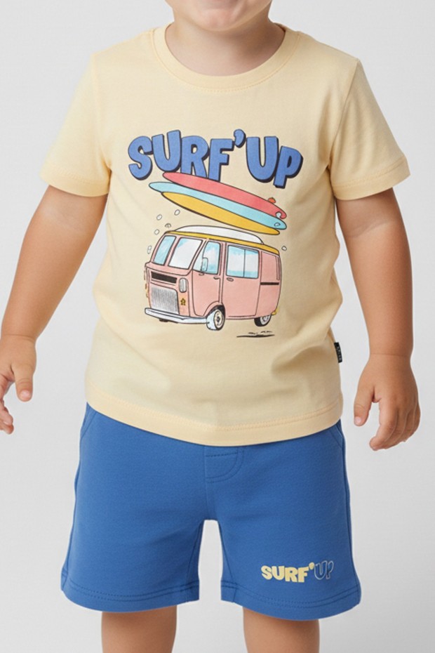 Bebek Surf Temalı Araba Baskılı Kısa Kollu Tişört Ve Şortlu Yazlık Takım 