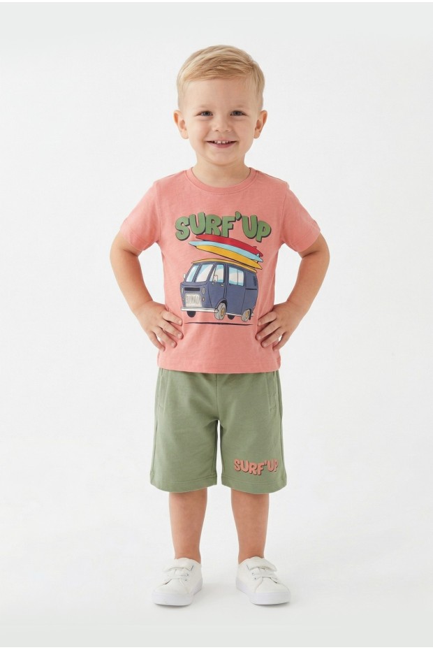 Bebek Surf Temalı Araba Baskılı Kısa Kollu Tişört Ve Şortlu Yazlık Takım 