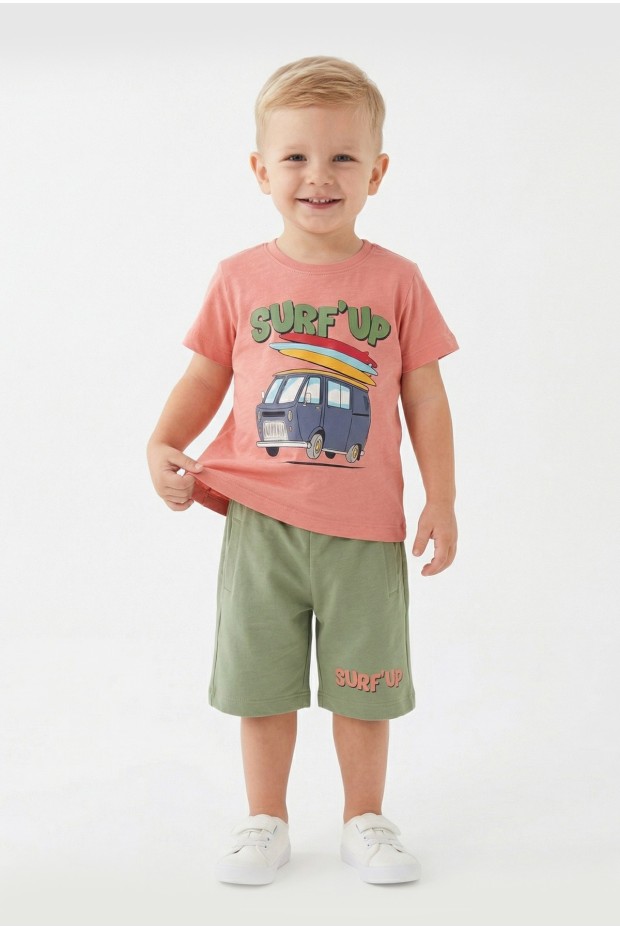 Bebek Surf Temalı Araba Baskılı Kısa Kollu Tişört Ve Şortlu Yazlık Takım 