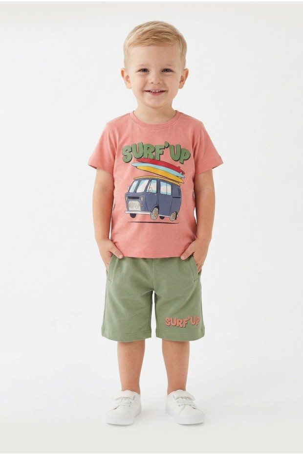 Bebek Surf Temalı Araba Baskılı Kısa Kollu Tişört Ve Şortlu Yazlık Takım 