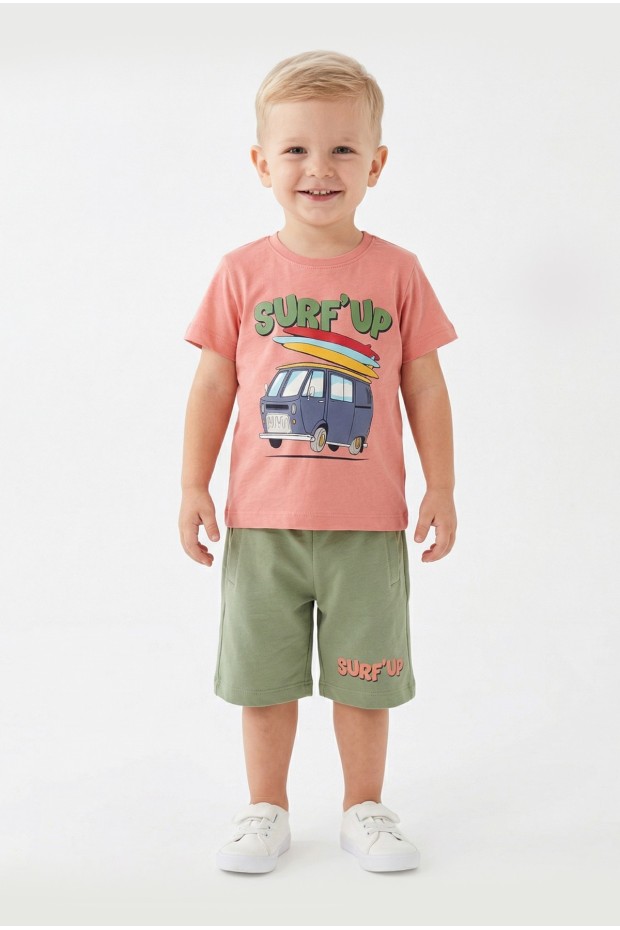 Bebek Surf Temalı Araba Baskılı Kısa Kollu Tişört Ve Şortlu Yazlık Takım 