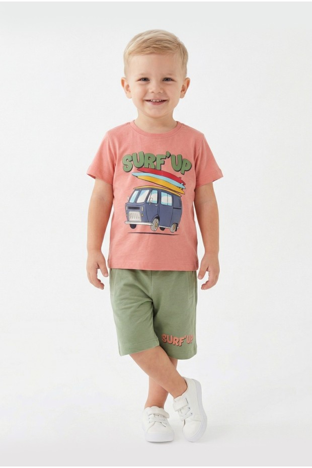 Bebek Surf Temalı Araba Baskılı Kısa Kollu Tişört Ve Şortlu Yazlık Takım 