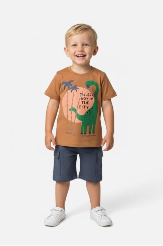 Bebek Dinozor Baskılı %100 Cotton Süprem Kumaş Kısa Kollu Tişört Ve Şortlu Takım