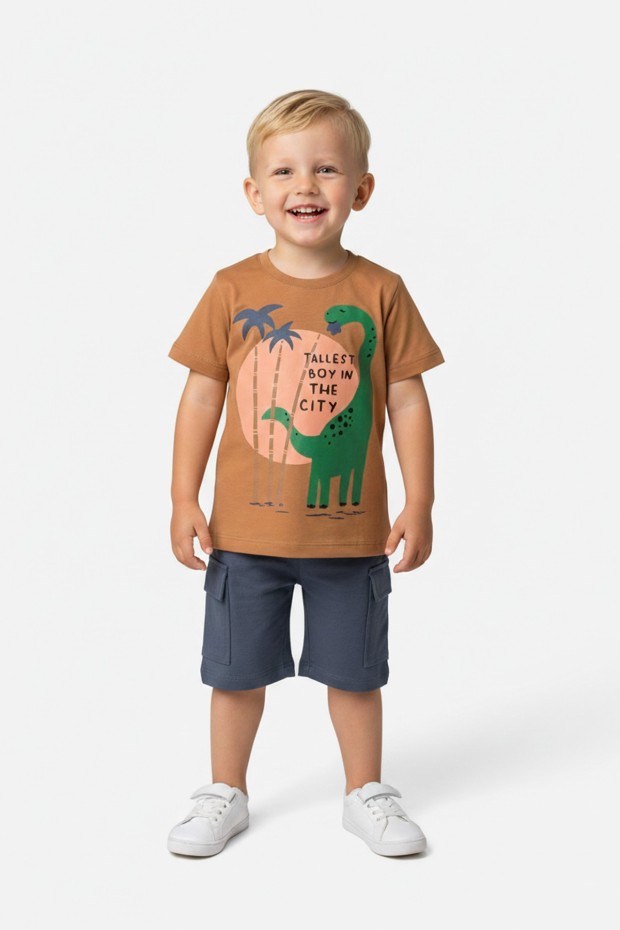 Bebek Dinozor Baskılı %100 Cotton Süprem Kumaş Kısa Kollu Tişört Ve Şortlu Takım