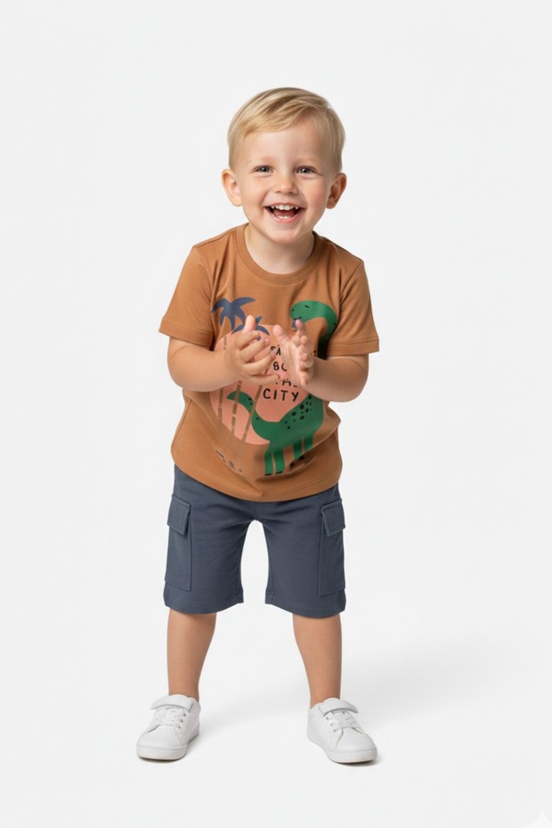 Bebek Dinozor Baskılı %100 Cotton Süprem Kumaş Kısa Kollu Tişört Ve Şortlu Takım