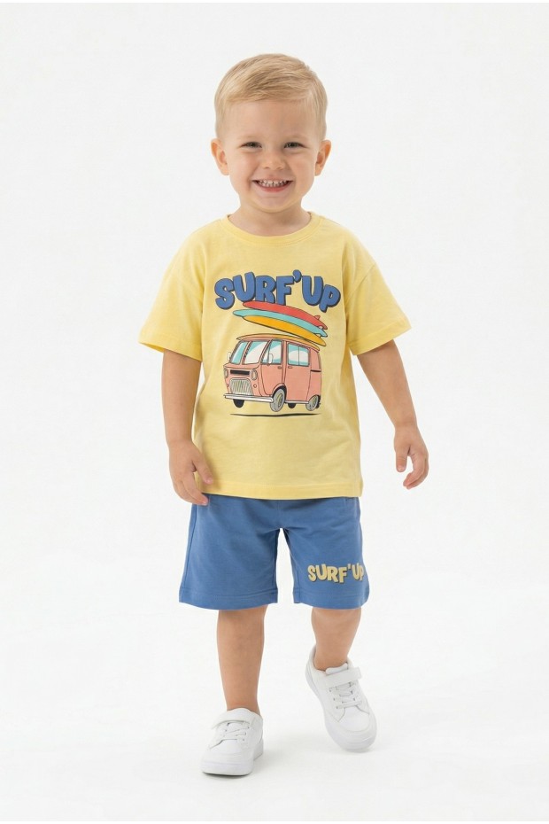 Bebek Surf Temalı Araba Baskılı Kısa Kollu Tişört Ve Şortlu Yazlık Takım 