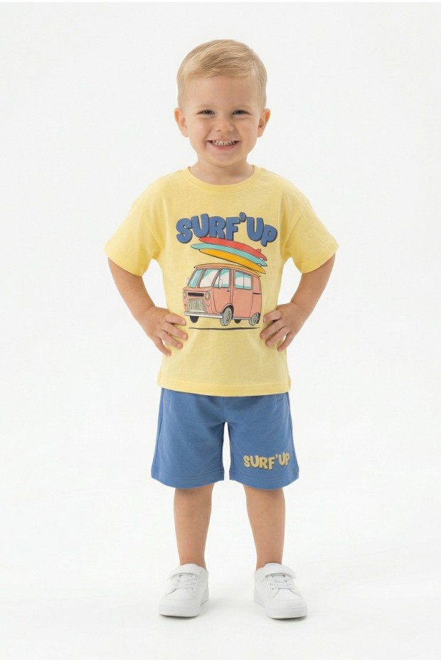 Bebek Surf Temalı Araba Baskılı Kısa Kollu Tişört Ve Şortlu Yazlık Takım 