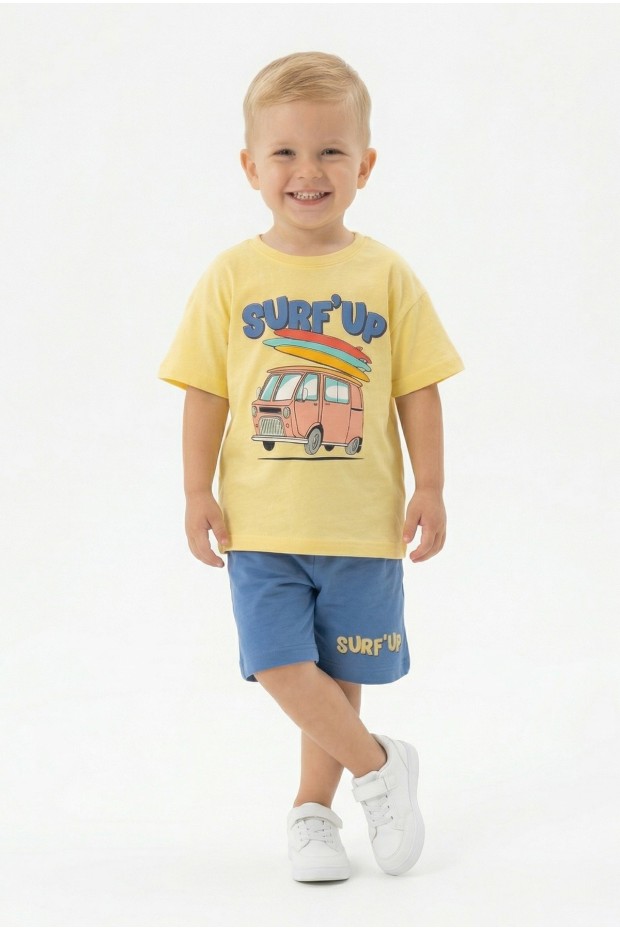 Bebek Surf Temalı Araba Baskılı Kısa Kollu Tişört Ve Şortlu Yazlık Takım 