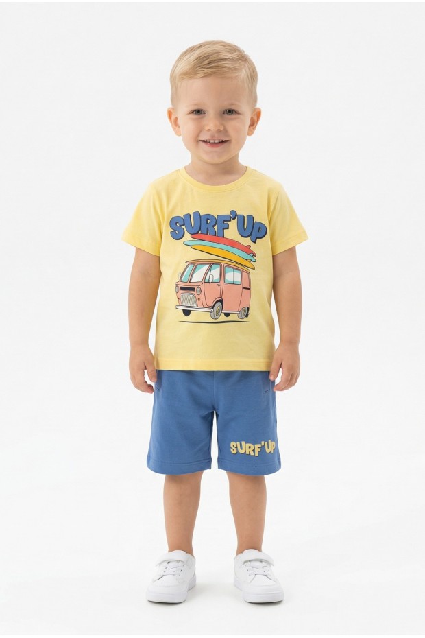 Bebek Surf Temalı Araba Baskılı Kısa Kollu Tişört Ve Şortlu Yazlık Takım 