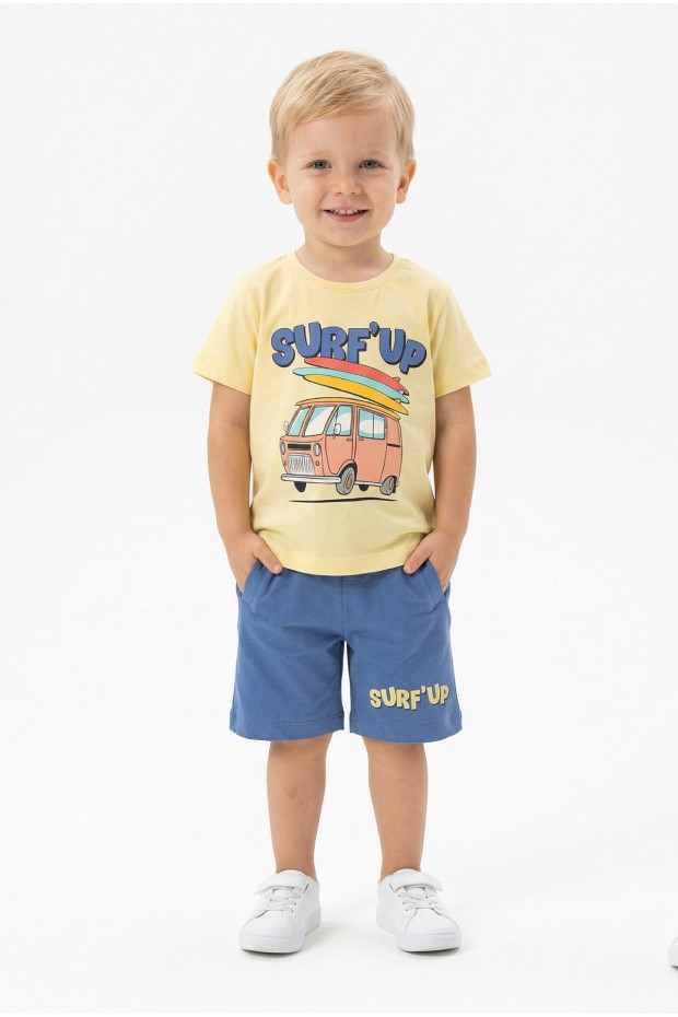 Bebek Surf Temalı Araba Baskılı Kısa Kollu Tişört Ve Şortlu Yazlık Takım 