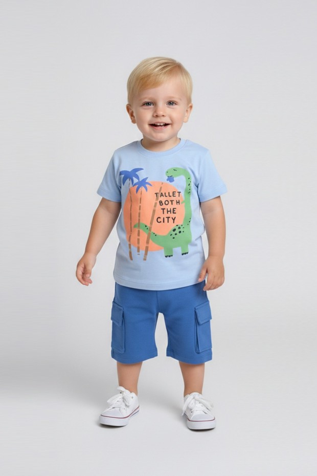 Bebek Dinozor Baskılı %100 Cotton Süprem Kumaş Kısa Kollu Tişört Ve Şortlu Takım 