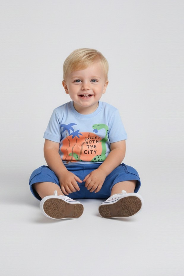 Bebek Dinozor Baskılı %100 Cotton Süprem Kumaş Kısa Kollu Tişört Ve Şortlu Takım 