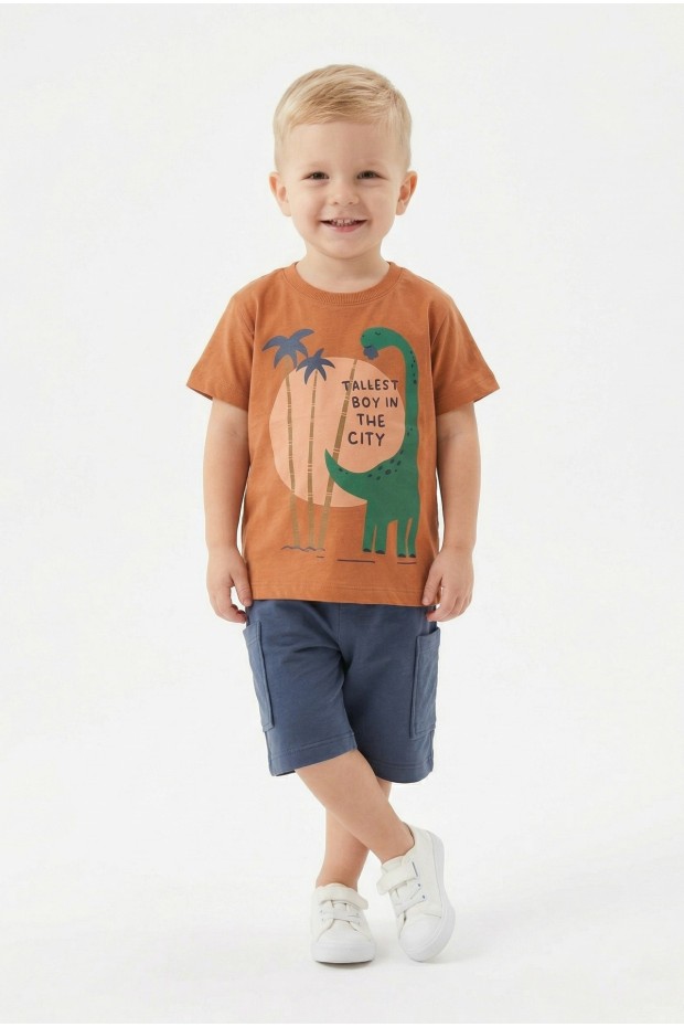 Bebek Dinozor Baskılı %100 Cotton Süprem Kumaş Kısa Kollu Tişört Ve Şortlu Takım