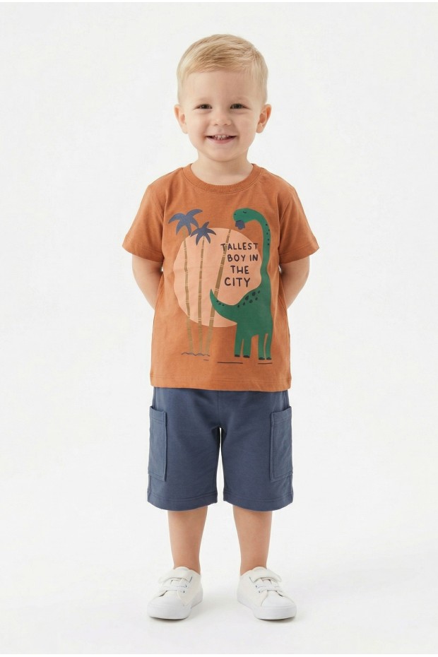 Bebek Dinozor Baskılı %100 Cotton Süprem Kumaş Kısa Kollu Tişört Ve Şortlu Takım
