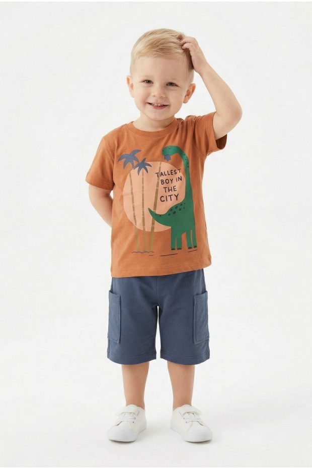 Bebek Dinozor Baskılı %100 Cotton Süprem Kumaş Kısa Kollu Tişört Ve Şortlu Takım