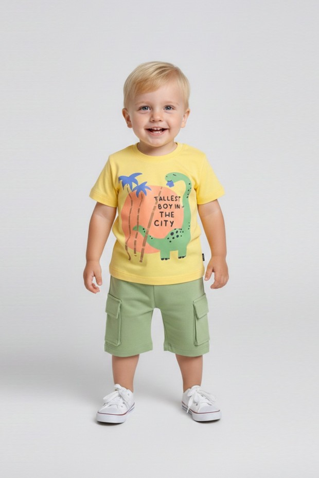 Bebek Dinozor Baskılı %100 Cotton Süprem Kumaş Kısa Kollu Tişört Ve Şortlu Takım 