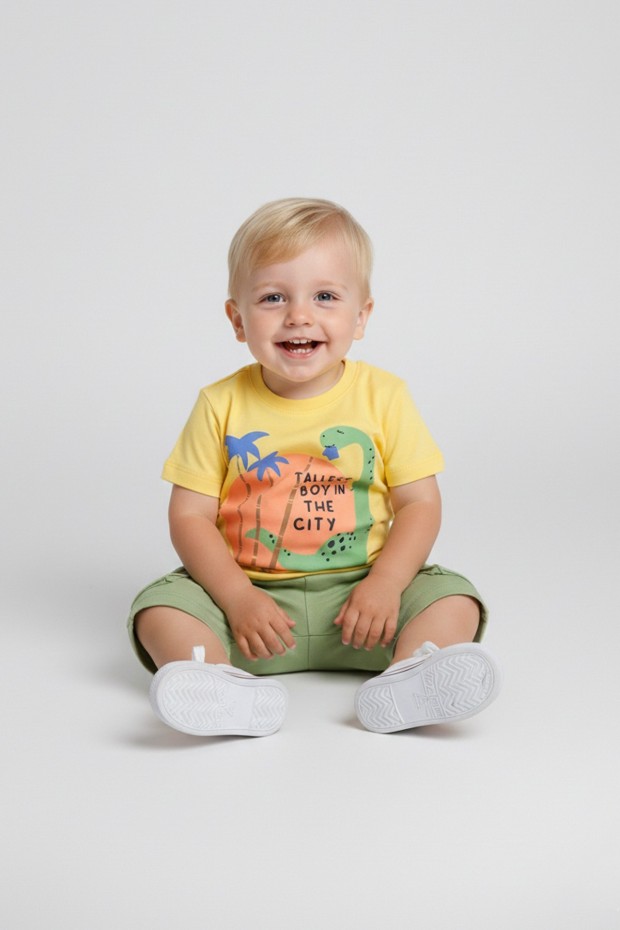 Bebek Dinozor Baskılı %100 Cotton Süprem Kumaş Kısa Kollu Tişört Ve Şortlu Takım 