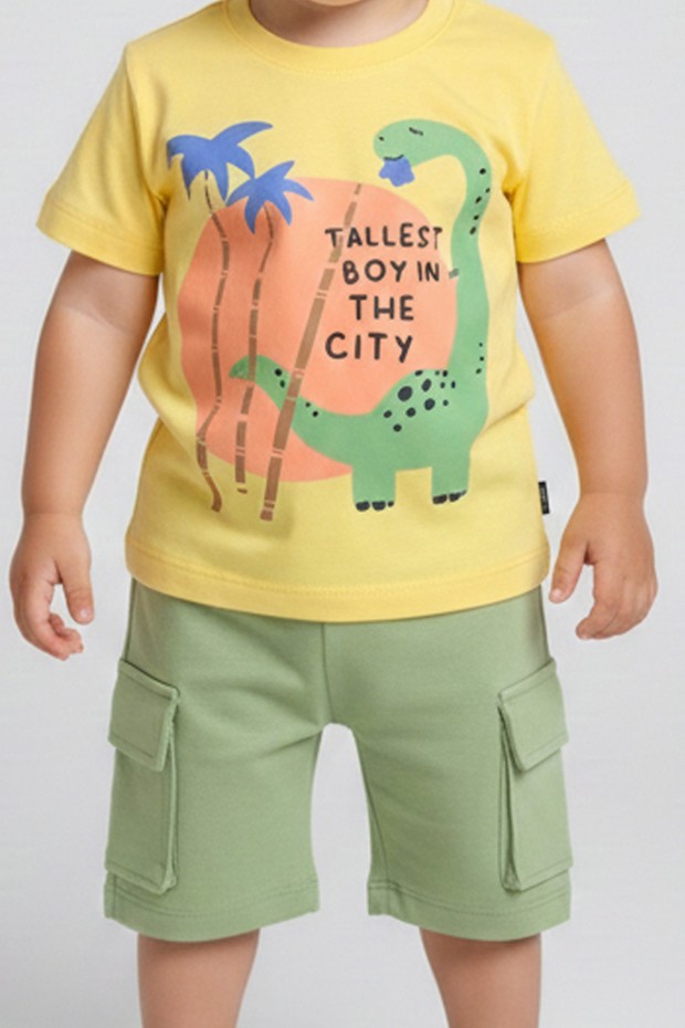 Bebek Dinozor Baskılı %100 Cotton Süprem Kumaş Kısa Kollu Tişört Ve Şortlu Takım 