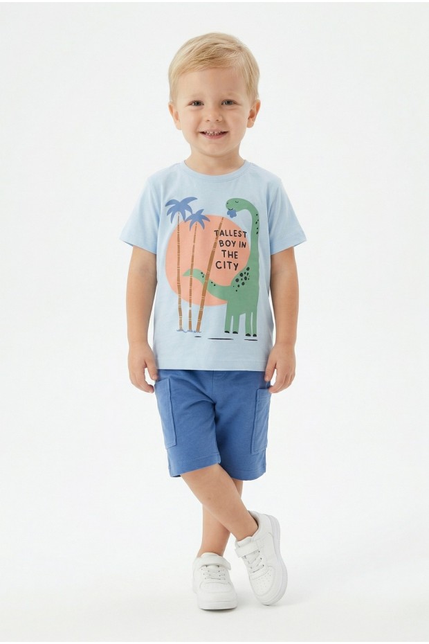 Bebek Dinozor Baskılı %100 Cotton Süprem Kumaş Kısa Kollu Tişört Ve Şortlu Takım 