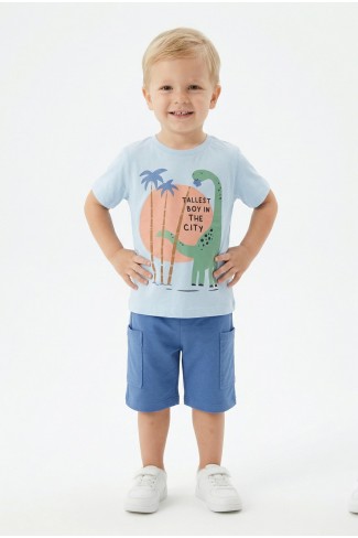 Bebek Dinozor Baskılı %100 Cotton Süprem Kumaş Kısa Kollu Tişört Ve Şortlu Takım 