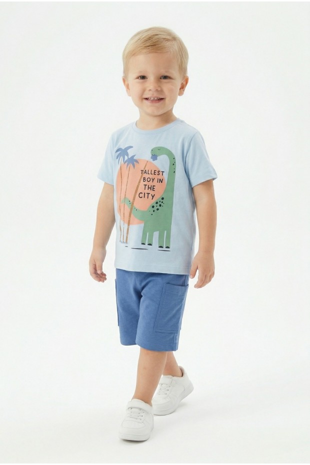 Bebek Dinozor Baskılı %100 Cotton Süprem Kumaş Kısa Kollu Tişört Ve Şortlu Takım 