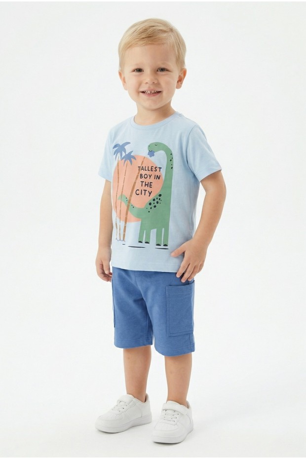 Bebek Dinozor Baskılı %100 Cotton Süprem Kumaş Kısa Kollu Tişört Ve Şortlu Takım 