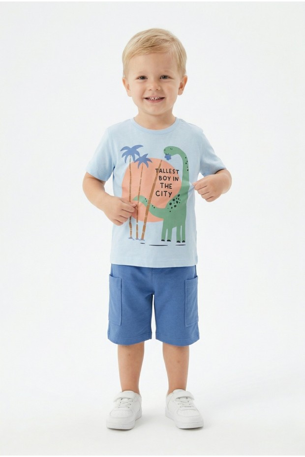 Bebek Dinozor Baskılı %100 Cotton Süprem Kumaş Kısa Kollu Tişört Ve Şortlu Takım 